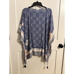 J Jill Kimono Blouse Cover Up Womens XL Blue Geometric Floral Tassel Boho Top